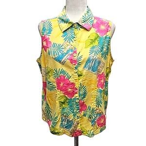 Sunbay Cottons Womens Button Down Sleeveless Collar Floral Multi Blouse Size M